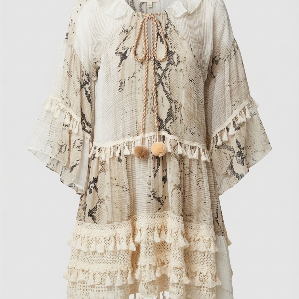 My Story Paris Cream Snakeskin Print Boho Tunic Top with Pom Poms Tassels